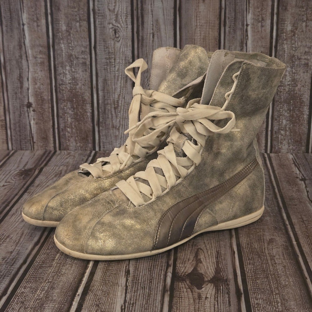 Sz 8 Puma x Rihanna Eskiva Hi Metallic Gold Distressed High Top Sneakers Shoes